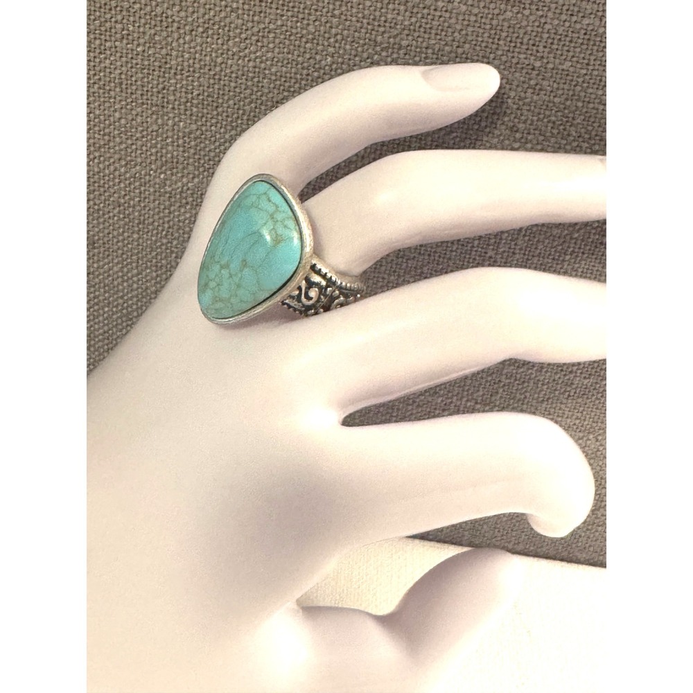 Turquoise Statement Ring Signed GA Adjustable Size 7.5–9 Southwestern Boho